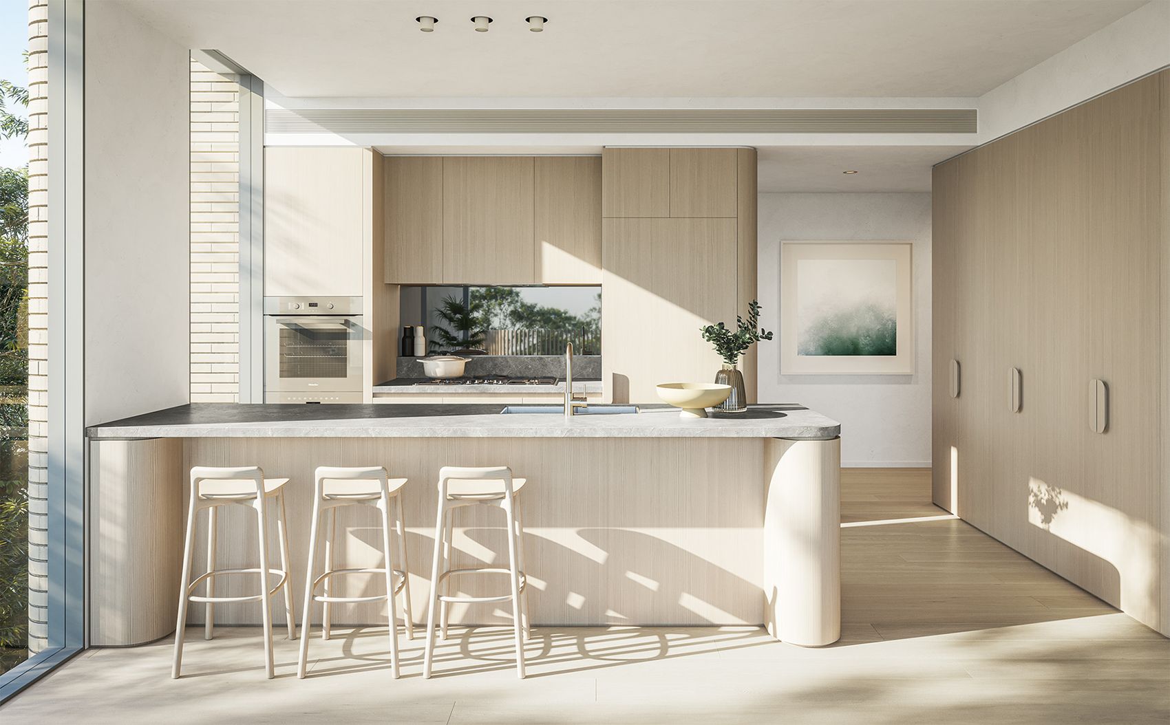 Bright minimalist kitchen and dining interior