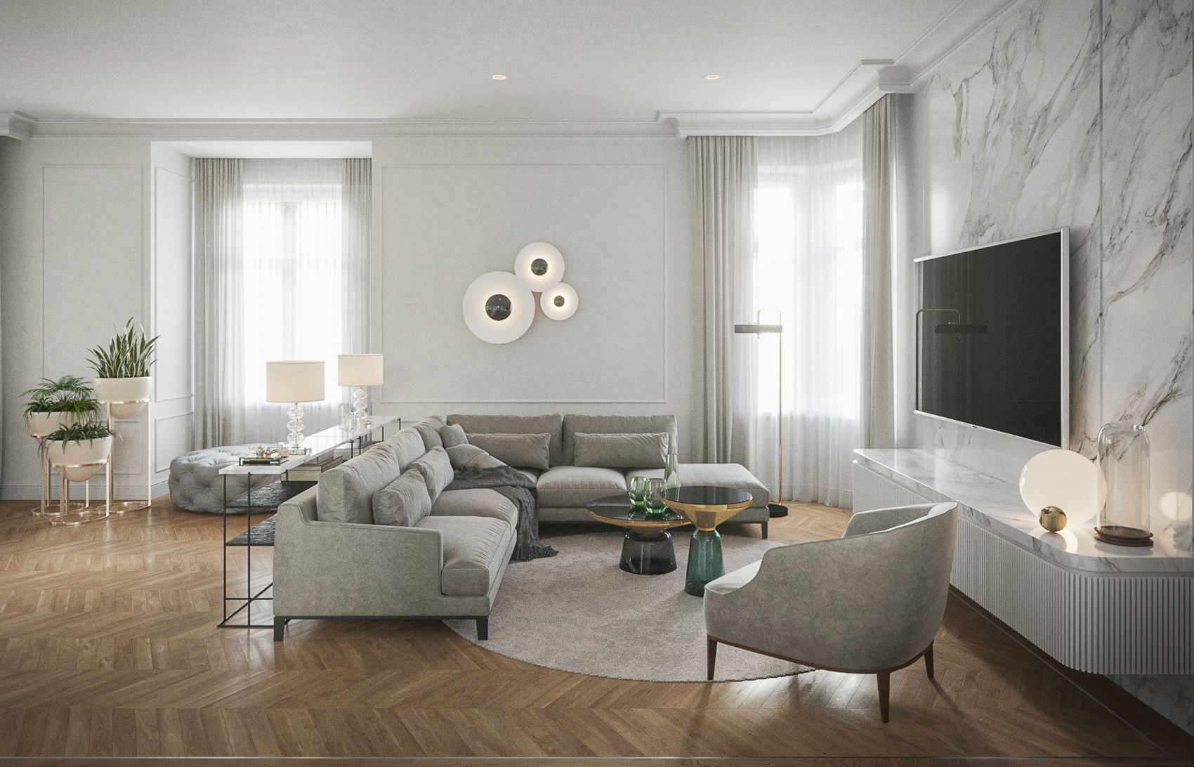 Softly lit contemporary living room